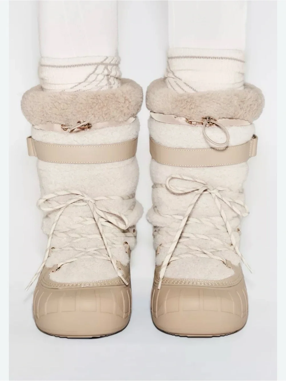 Zara Cream Shearling-Trim Winter Lace-Up Boots